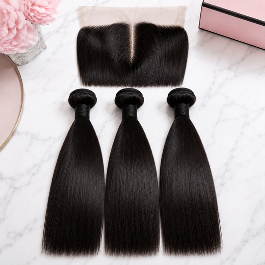 Double Drawn Straight Human Hair Bundle Deal with 13x Closure including three bundles and a lace closure