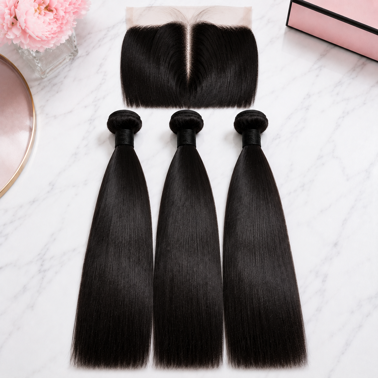 Double Drawn Straight Human Hair bundles with closure for a full professional hairstyle.