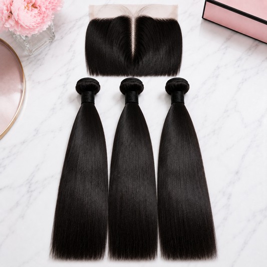 Double Drawn Straight Human Hair bundles with closure for a full professional hairstyle.