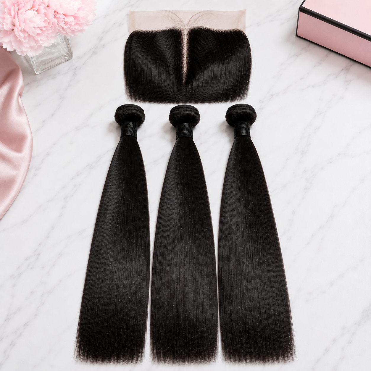 Double Drawn Straight Human Hair Bundle Deal with 13x Closure showcasing three straight bundles and matching closure.