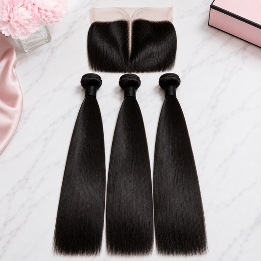 Double Drawn Straight Human Hair Bundle Deal with 13x Closure showcasing three straight bundles and matching closure.