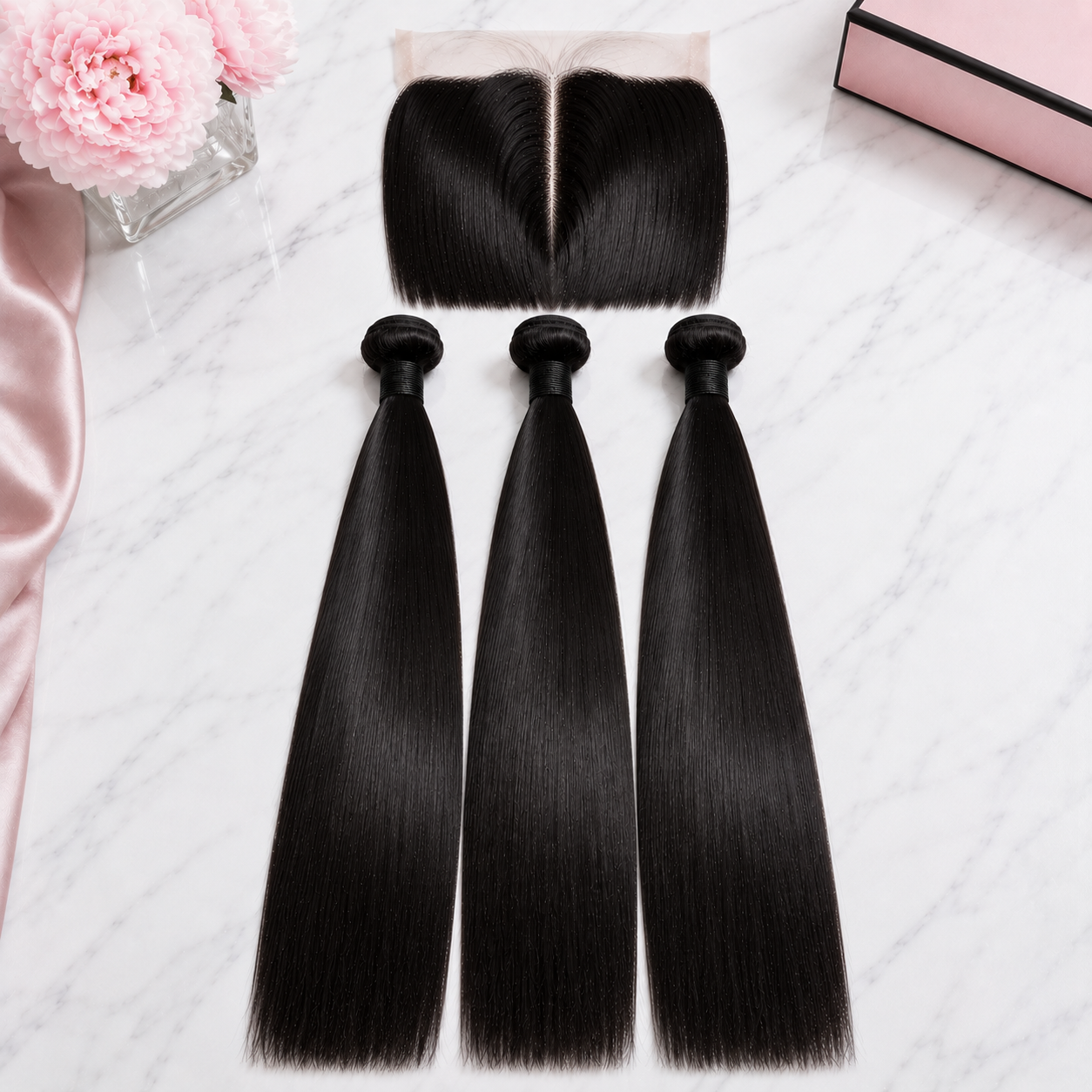 Double Drawn Straight Human Hair Bundle Deal with 13x Closure - 22 Inch x3 Bundles + 13x Closure on a marble surface.
