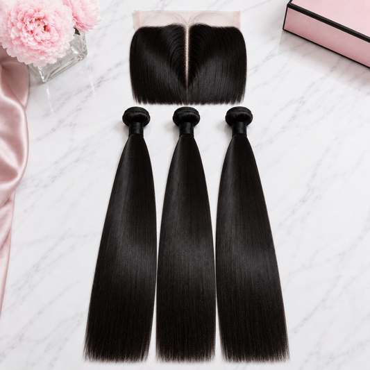 Double Drawn Straight Human Hair Bundle Deal with 13x Closure - 22 Inch x3 Bundles + 13x Closure on a marble surface.